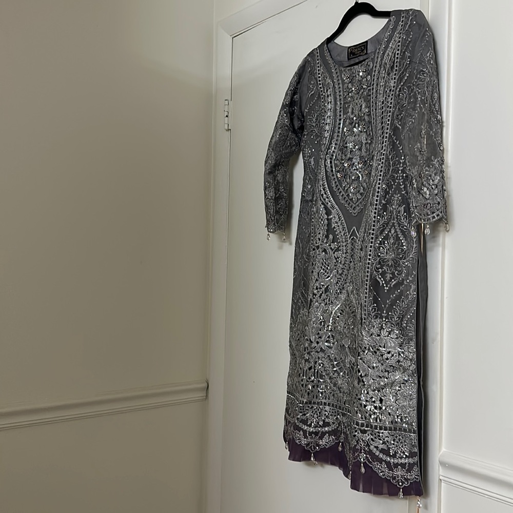 Embellished Gray Long Sleeve Maxi Dress